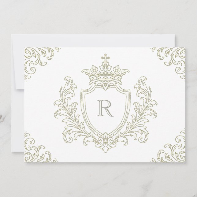 Sagegrön traditionell kröningsmonogram Dop Inbjudningar (Framsida)