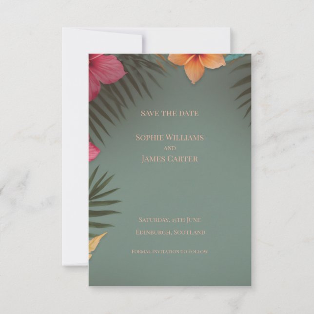 Sagegrön Tropisk Hibiskus Palm Bröllop Spara Datumet (Framsida)