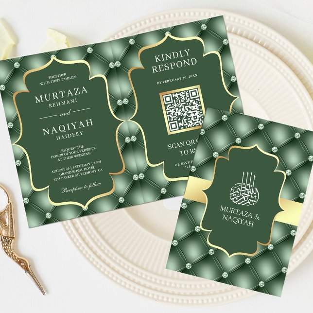 Sagegrön Tuffad Mönster QR-kod Muslimsk Bröllopsin Inbjudan (Skapare uppladdad)