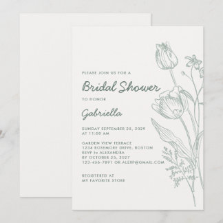 Sagegrön Tulpan Linje Konst Trädgård Bröllopsdusch Inbjudningar