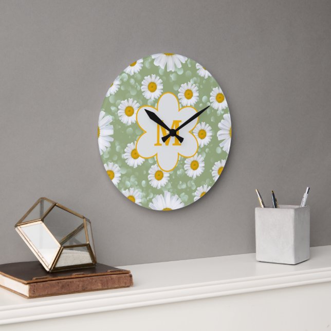 Sagegrön tusensköns- vildblomma-monogram  stor klocka (Kontor)