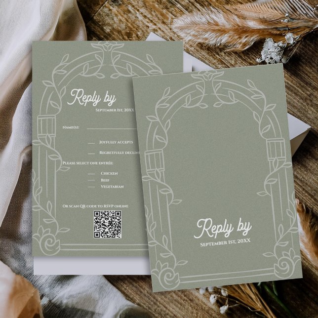 Sagegrön utsmyckad blomsterbåge bröllopsvar för OSA kort (Sage Green Ornate Arch Botanical Wedding RSVP Card with QR Code | Elegant Wedding Reply Card)