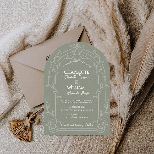 Sagegrön utsmyckad blomsterbåge för bröllop inbjudningar (Sage Green Ornate Arch Botanical Wedding Invitation | Elegant Garden Estate Wedding Invite)
