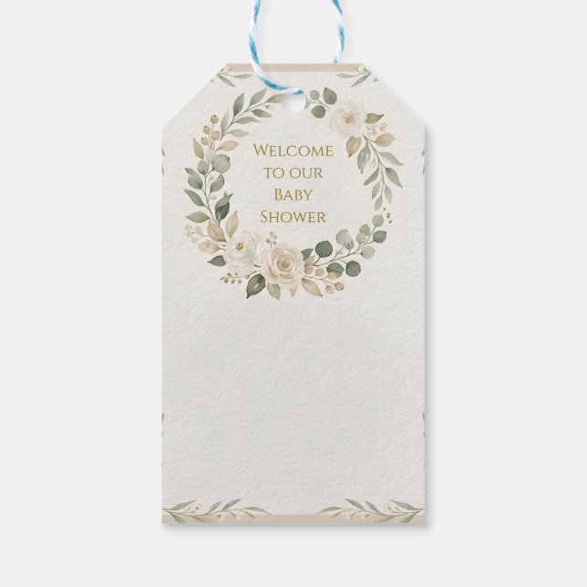 Sagegrön vagga för baby shower presentetikett (Baksidan)