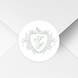 Sagegrön vapen monogram bröllop runt klistermärke