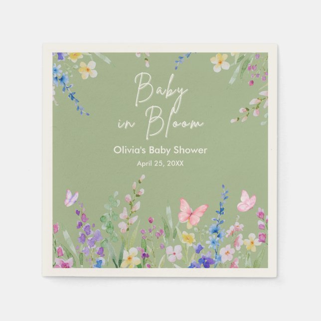 Sagegrön vår Baby i blom Baby Shower   Pappersservett (Framsidan)