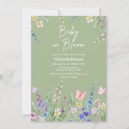 Sagegrön vår Baby i blom Babyshower  Inbjudningar