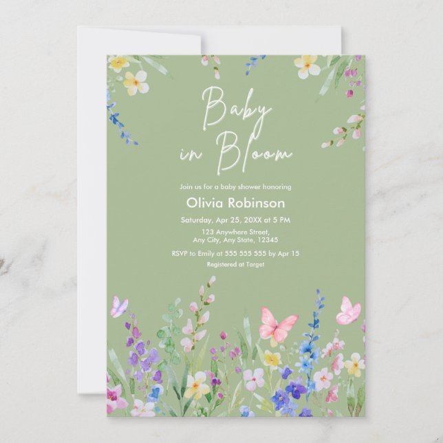 Sagegrön vår Baby i blom Babyshower  Inbjudningar (Framsida)