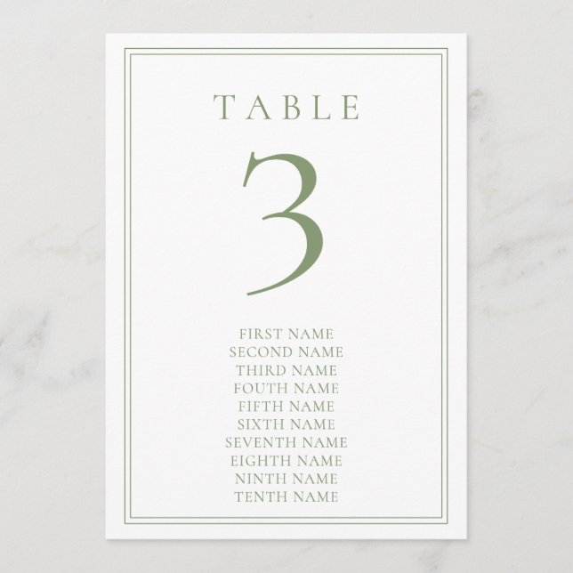Sagegrön varm minimalistisk bröllopsbord nummer 10 inbjudningar (Framsida)