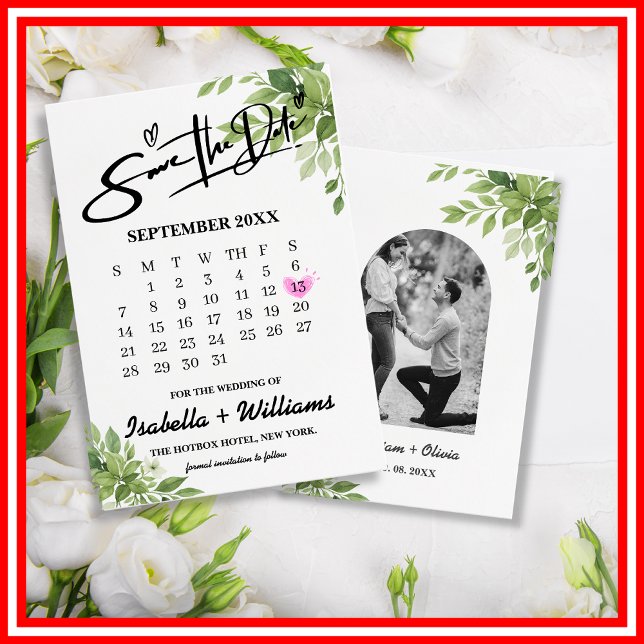 Sagegrön Växtlighet Kalender Bröllop Spara Datum Tilläggskort (Skapare uppladdad)