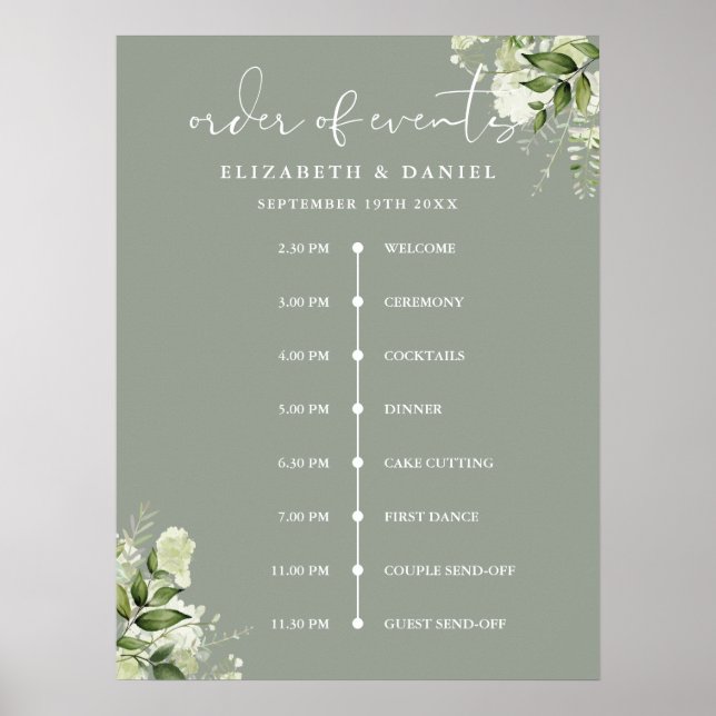 Sagegrön vigsel ceremonyordningsskylt poster (Framsidan)