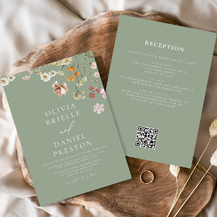 Sagegrön vildblomma allt-i-ett QR-kod bröllop Inbjudningar