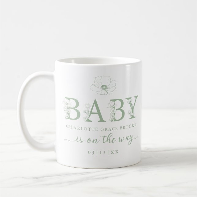 Sagegrön vildblomma bebisar announcement kaffekopp (Vänster)
