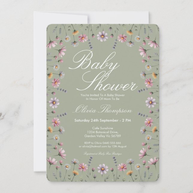 Sagegrön Vildblomma Boho Bebis Shower Inbjudningar (Framsida)