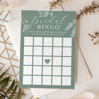 Sagegrön vildblomma Bröllopsdusch Presentbingo Inbjudningar