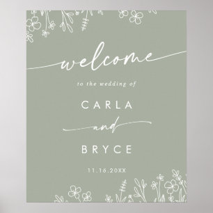 Sagegrön vildblomma DIY bröllop välkomstskylt Poster