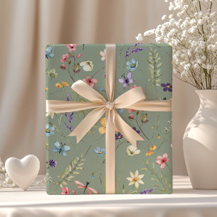 Sagegrön vildblomma & Fjäril Boho Sommar Presentpapper