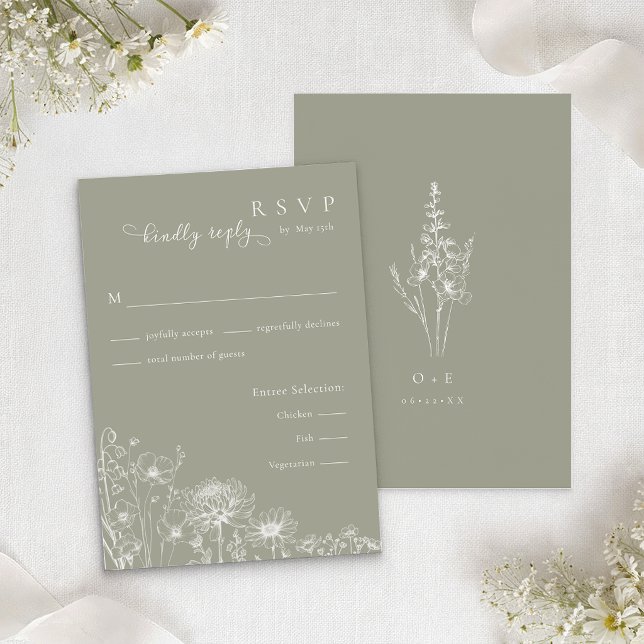 Sagegrön Vildblomma RSVP-kort Bröllopsinsats Tilläggskort (Sage green wildflower RSVP card with elegant line art florals and matching monogram back
)