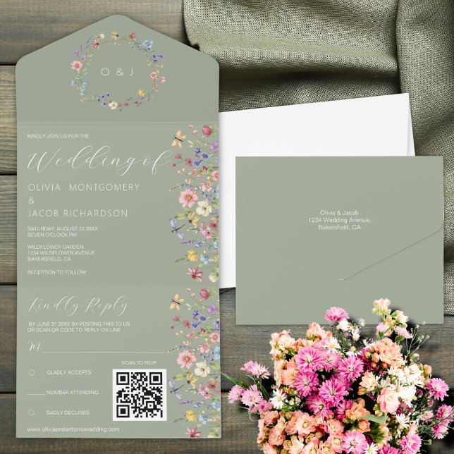 Sagegrön vildblomma RSVP & QR-kod bröllop  (Skapare uppladdad)