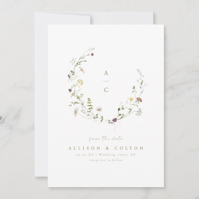 Sagegrön vildblomma rustik boho bröllopsmonogram spara datumet (Framsida)