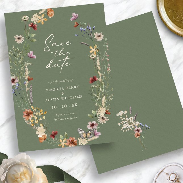Sagegrön vildblomma Save The Date platt kort (Watercolor Sage Green Wildflower Save The Date Flat Card with Butterfly by Painted Paperie)