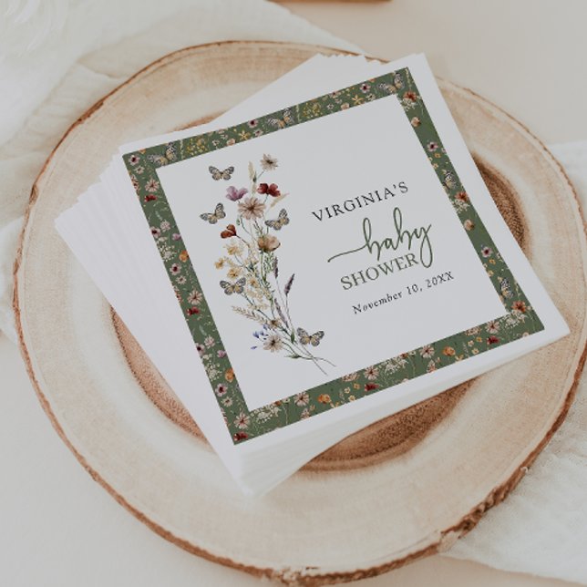 Sagegrön vildblommabebisfest pappersservett (Sage Green Wildflower Baby Shower Napkins with Butterflies by Painted Paperie
)