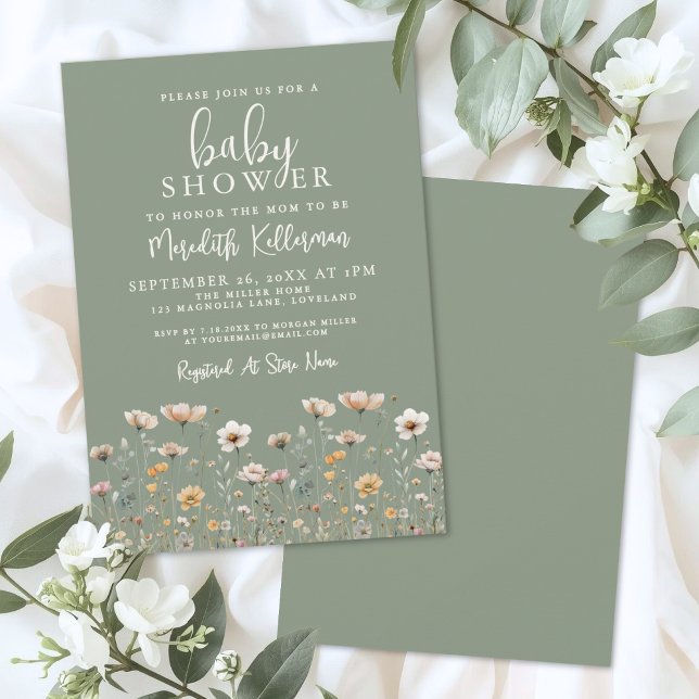 Sagegrön vildblommabebyshowers inbjudningar (Sage Green Wildflower Baby Shower Invitation)