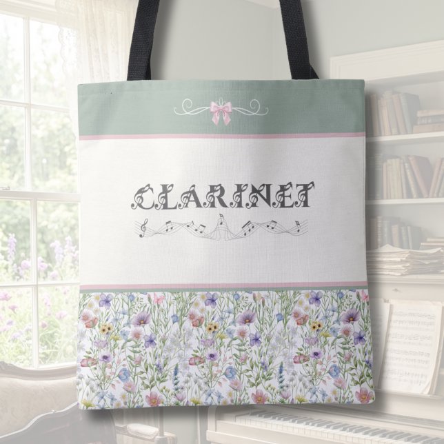Sagegrön vildblommig klarinett-handväskor | Musike Tygkasse (Personalized Clarinet Tote Bag | Whimsical Sage Green & Pink Floral Wildflower Musician Gift)
