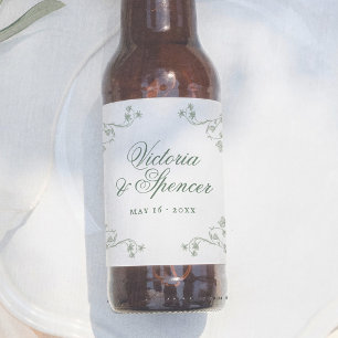 Sagegrön Vintage Blommig Bröllop Ölflaska Etikett