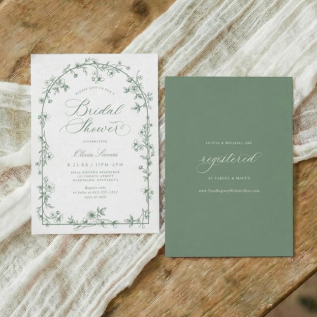 Sagegrön vintage blomster ram bröllopsdusch inbjudningar (Sage green wildflowers bridal shower invitation with vintage French chinoiserie floral frame)