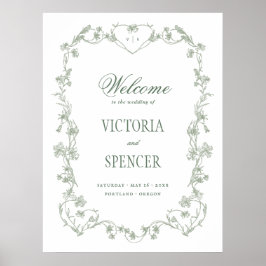 Sagegrön vintage blomsterbröllop välkomstskylt poster