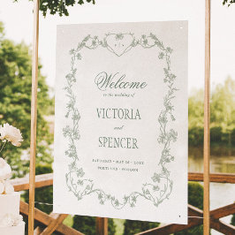 Sagegrön vintage blomsterbröllop välkomstskylt poster