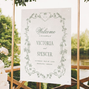 Sagegrön vintage blomsterbröllop välkomstskylt poster