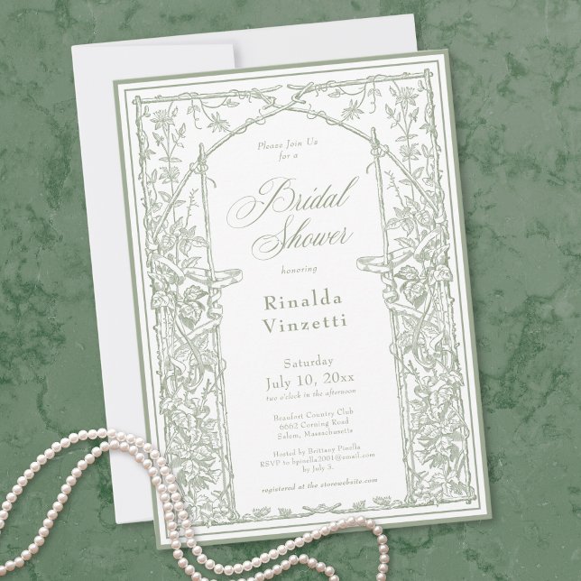 Sagegrön Vintage Botanisk Trädgård Bröllopsdusch Inbjudningar (Sage Green Vintage Botanical Trellis Bridal Shower Invitation)