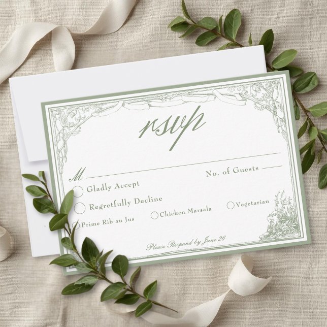 Sagegrön Vintage Botanisk Trädgårdsbåge Bröllop OSA Kort (Sage Green Vintage Botanical Trellis Arch Wedding RSVP Card)