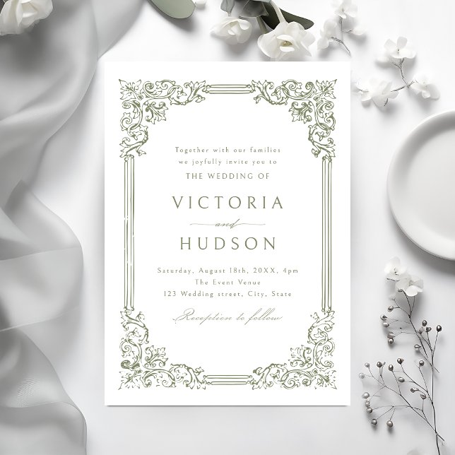 Sagegrön Vintage Ram Elegant Bröllop Inbjudningar (Sage Green Vintage Frame Elegant Wedding Invitation)