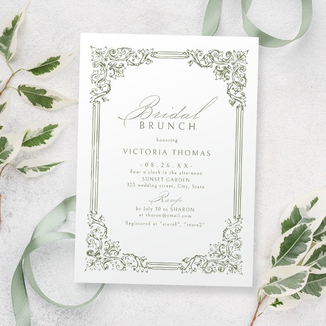 Sagegrön Vintage Ram Elegant Bröllopsbrunch Inbjudningar (Sage Green Vintage Frame Elegant Bridal Brunch Invitation)