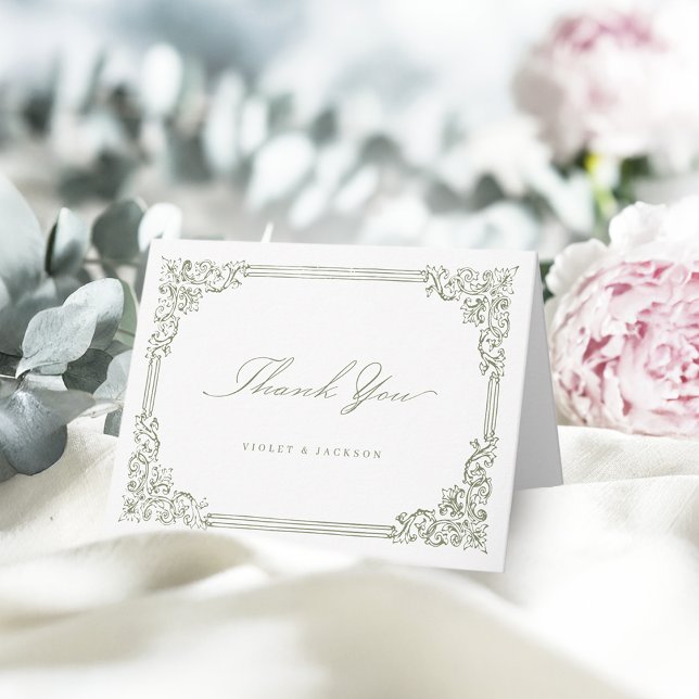 Sagegrön Vintage Ram Elegant Skrift Tack Kort (Sage Green Vintage Frame Elegant Script Thank You Card)