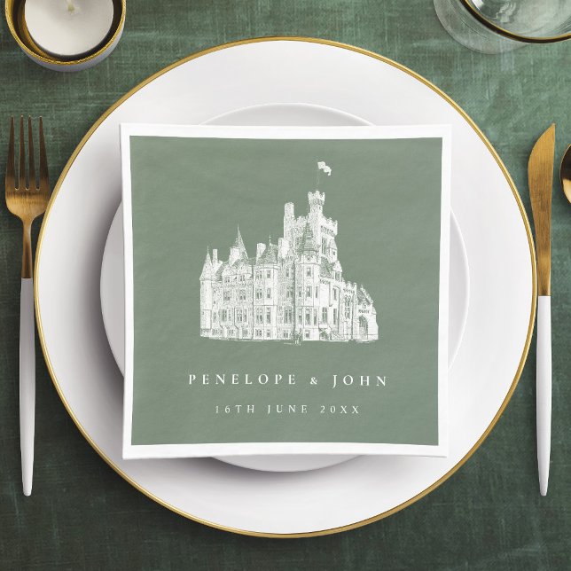 Sagegrön Vintage Slottsillustration Bröllop Pappersservett (Sage Green Vintage Castle Illustration Wedding Napkins)