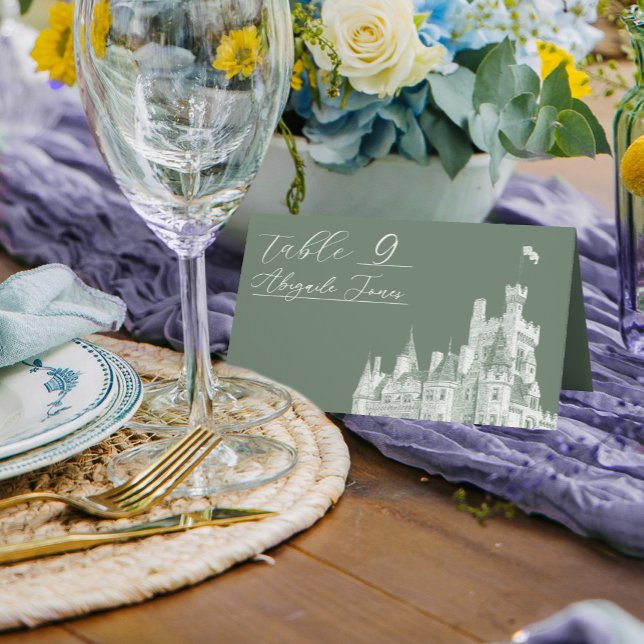 Sagegrön Vintage Slottsillustration Bröllop Placeringskort (Sage Green Vintage Castle Illustration Wedding Place Card)