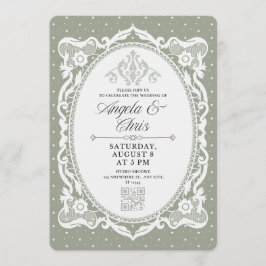 Sagegrön vintage spets bröllopsinbjudan QR RSVP Inbjudningar
