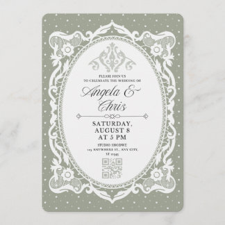 Sagegrön vintage spets bröllopsinbjudan QR RSVP Inbjudningar