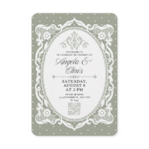 Sagegrön vintage spets bröllopsinbjudan QR RSVP
