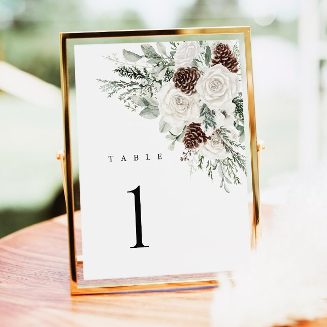 Sagegrön vinterblomma tall bröllopsbord nummer (Sage Green Winter Floral Wedding Table Numbers, Pinecone White Rose Reception Table Number Card)