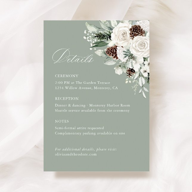 Sagegrön vinterblomma Tall Bröllopsdetaljer Info Tilläggskort (Sage Green Winter Floral Wedding Details Card, White Rose Pinecone Wedding Information Card)