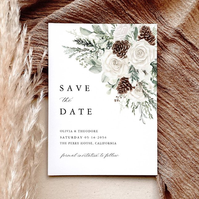 Sagegrön vinterblomma tall foto bakgrund vigsel spara datumet (Sage Green Winter Floral Save the Date Card, White Rose Pinecone Woodland Wedding Announcement Card)