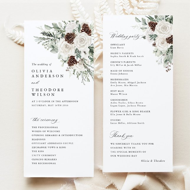 Sagegrön vinterblommig tallbröllopsceremoni program (Sage Green Winter Floral Wedding Program Card, White Rose Pinecone Ceremony Program Woodland Wedding)