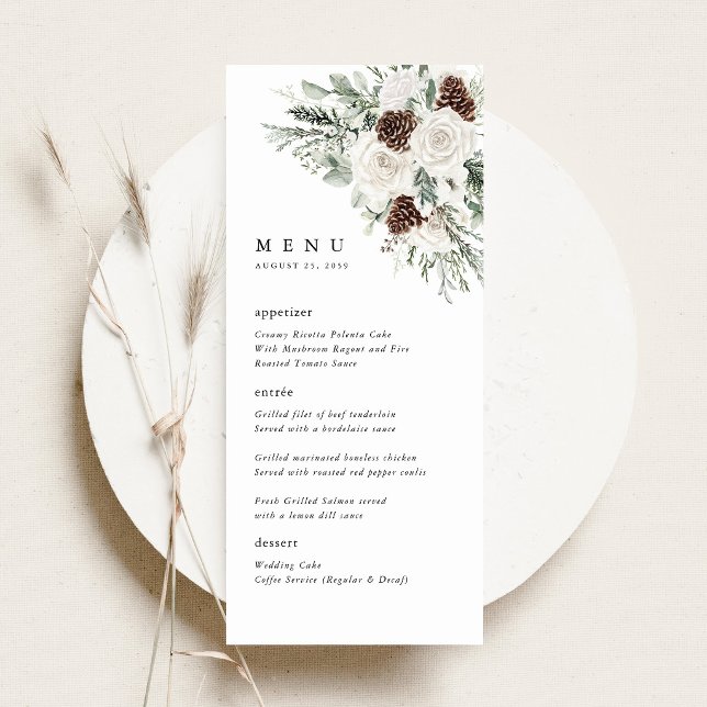 Sagegrön vinterblommig tallbröllopsmottagning meny (Sage Green Winter Floral Wedding Menu Card, white rose pinecone greenery menu, woodland forest menu)