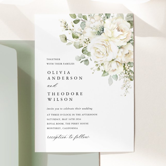 Sagegrön Vit Blommig Akvarell Elegant Bröllop Inbjudningar (Sage green white floral watercolor wedding invitation card, bouquet design, wedding stationery)
