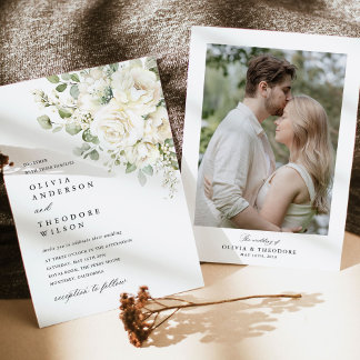 Sagegrön Vit Blommig Elegant Fotobakgrund Bröllop Inbjudningar